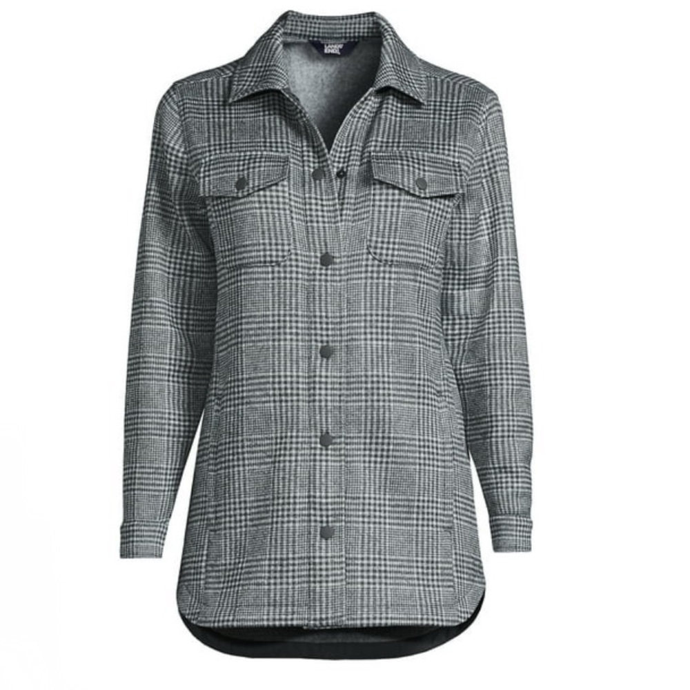 Lands’ End Plus 2X Gray Plaid Sweater Fleece Shacket Button‑Front Shirt Jacket